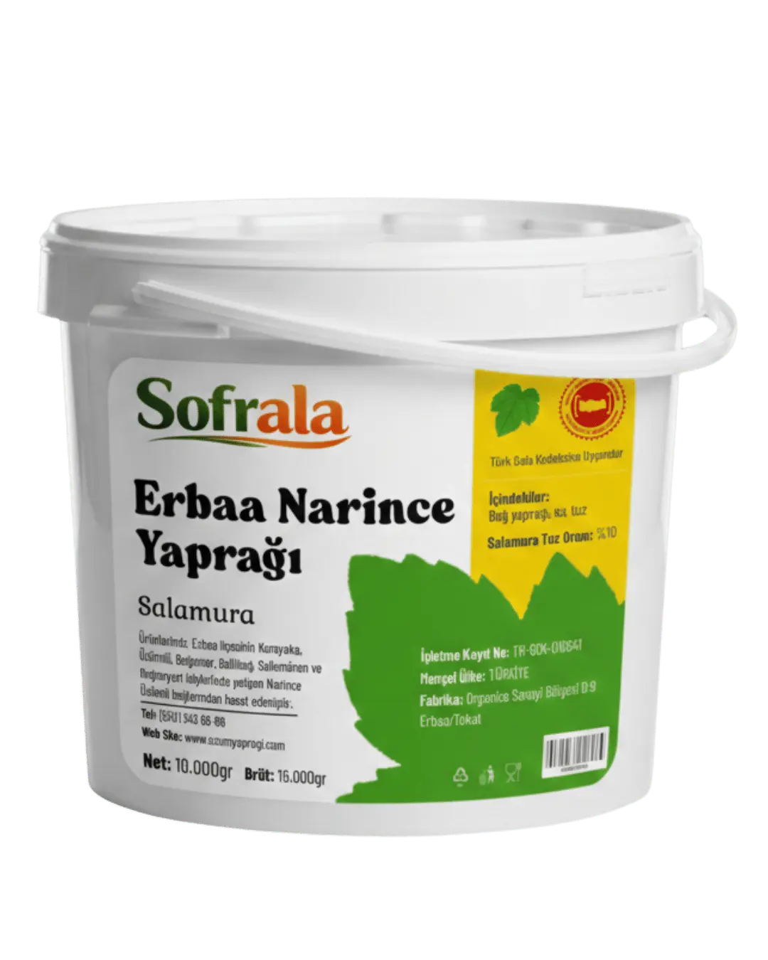Sofrala Erbaa Narince salamura üzüm yaprağı, net 10 kg, kova ambalaj