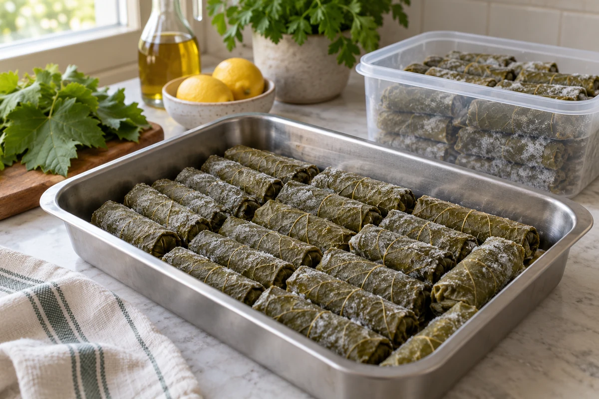 Pişirme öncesinde tepsiye dizilmiş dondurulmuş yaprak sarma