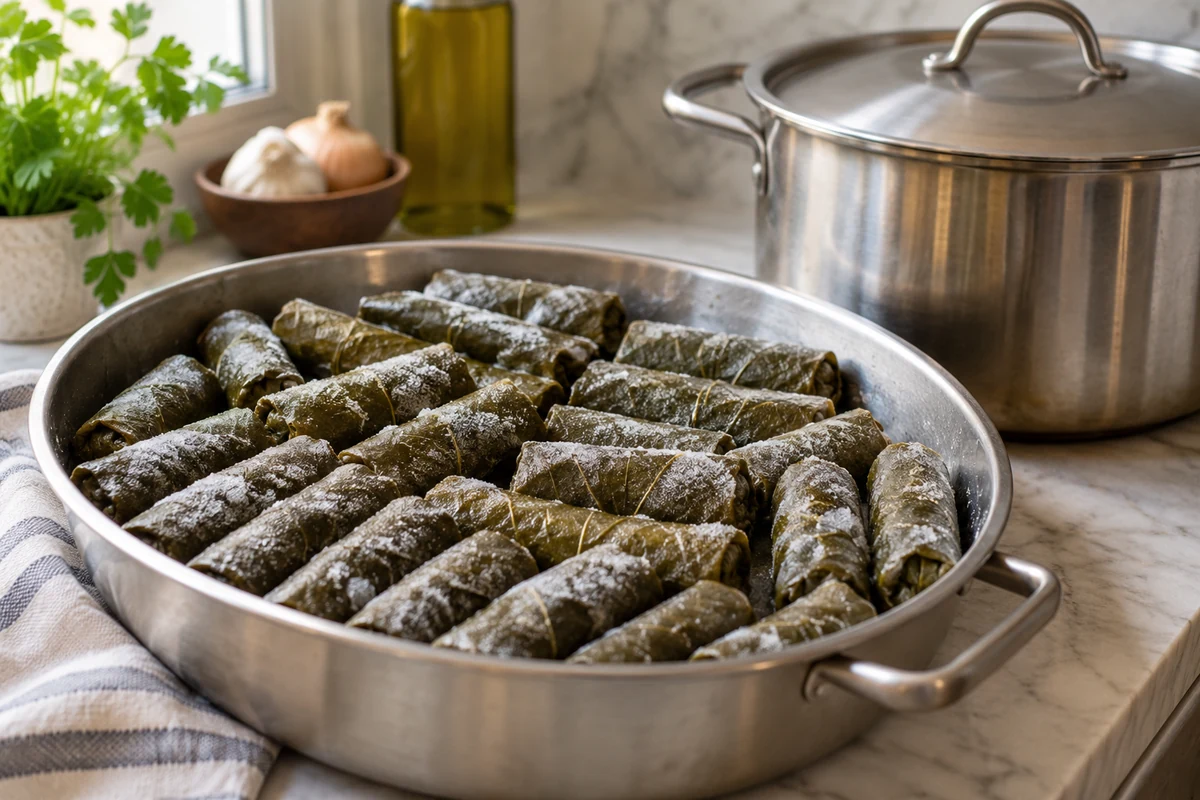 Dondurulmuş pişmemiş sarma ile pişirme tenceresinin hazırlığı
