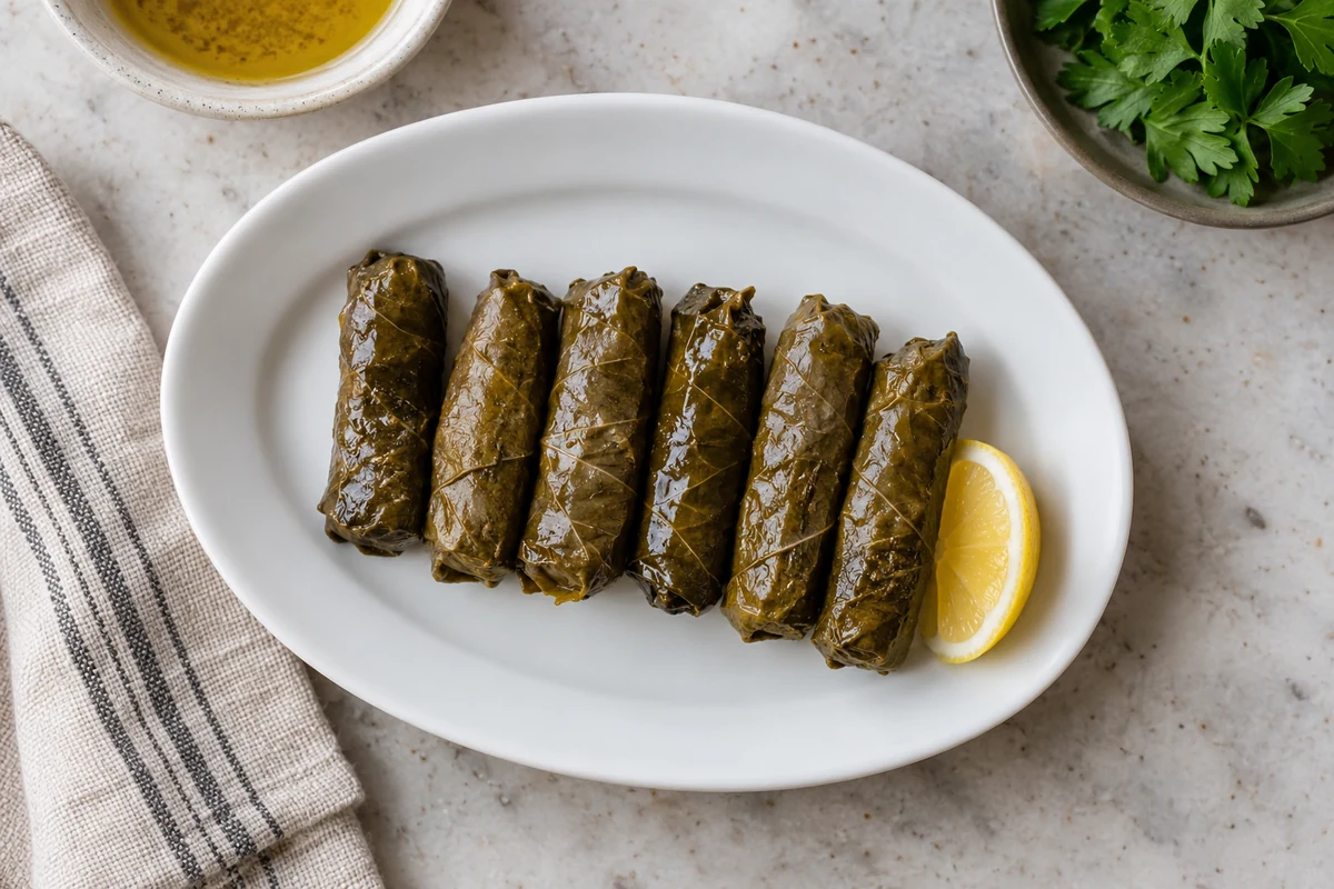 Meze tabağında zeytinyağlı yaprak sarma porsiyonu