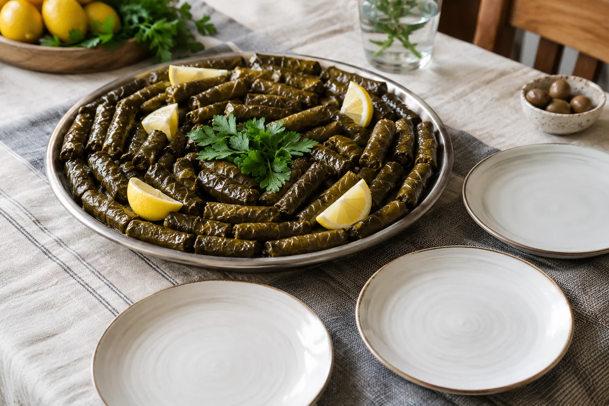 Pişmiş yaprak sarma tepsisi ve porsiyonlama tabakları