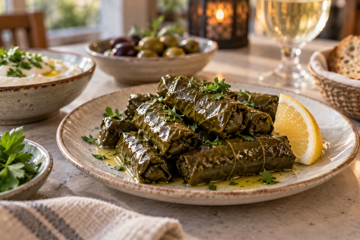 Tabakta servise hazırlanmış zeytinyağlı yaprak sarma