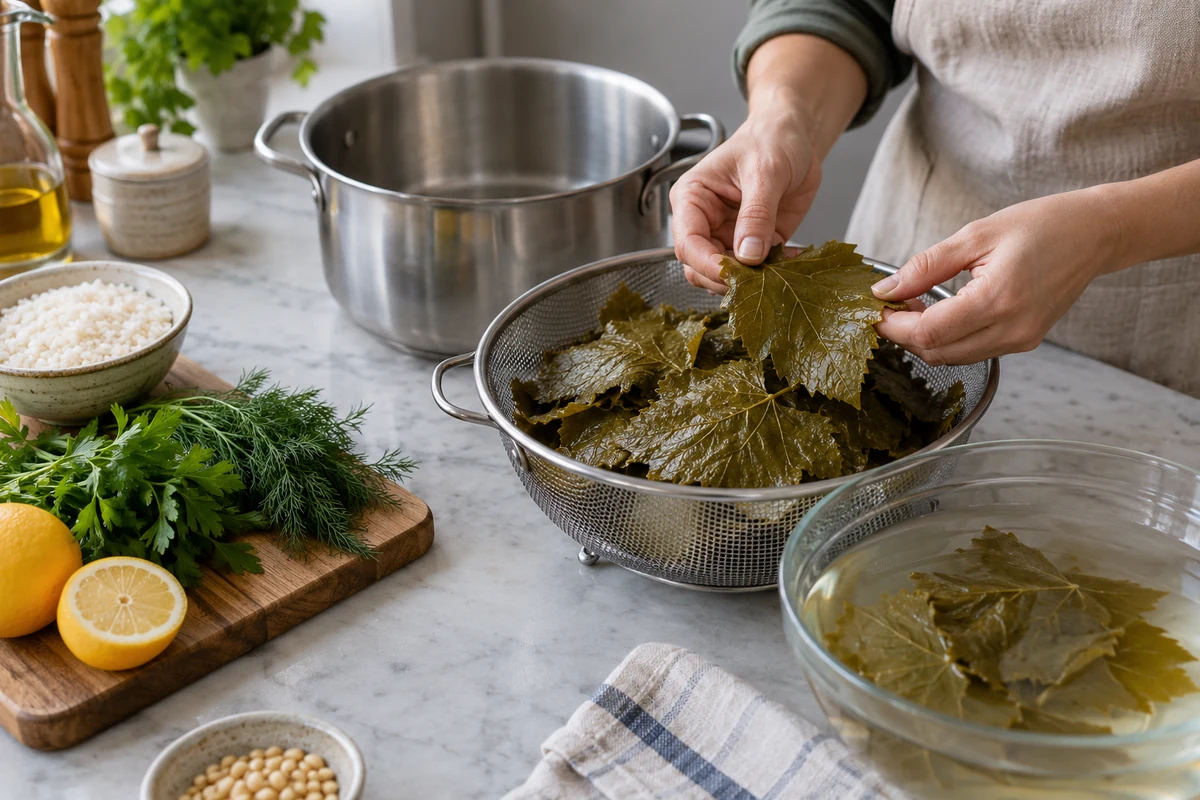 Sarma öncesi yaprak hazırlığında süzgeç, su kabı ve tencere