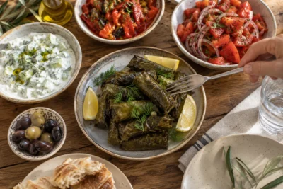 Yaprak sarma, salata ve sebze mezelerinden oluşan sofra
