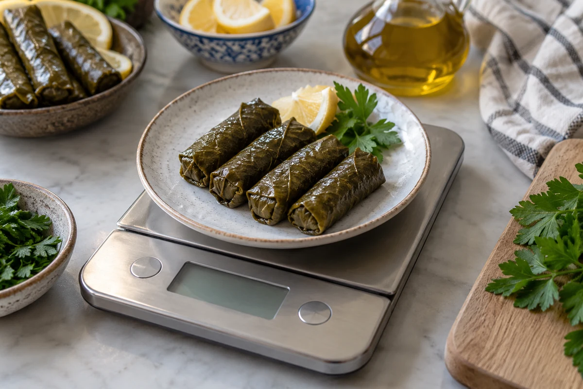 Meze porsiyonu yaprak sarmanın terazide ölçülmesi