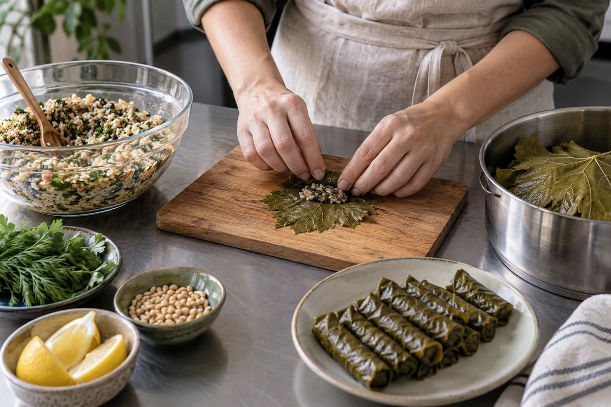 Profesyonel mutfakta elle yaprak sarma hazırlığı