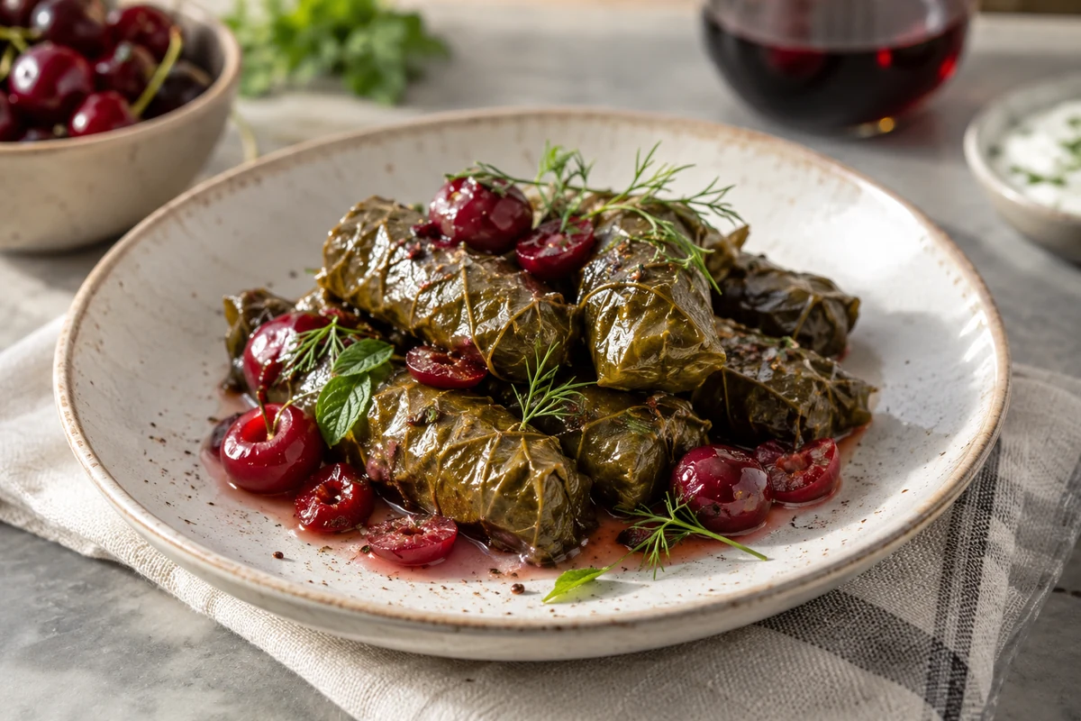 Vişne eşliğinde sunulan yaprak sarma tabağı