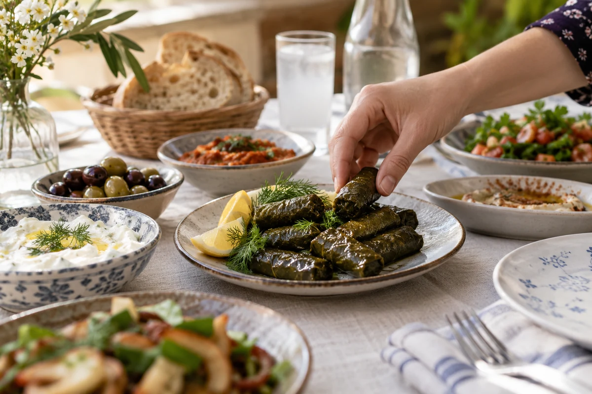 Meze sofrasında vişneli yaprak sarma sunumu
