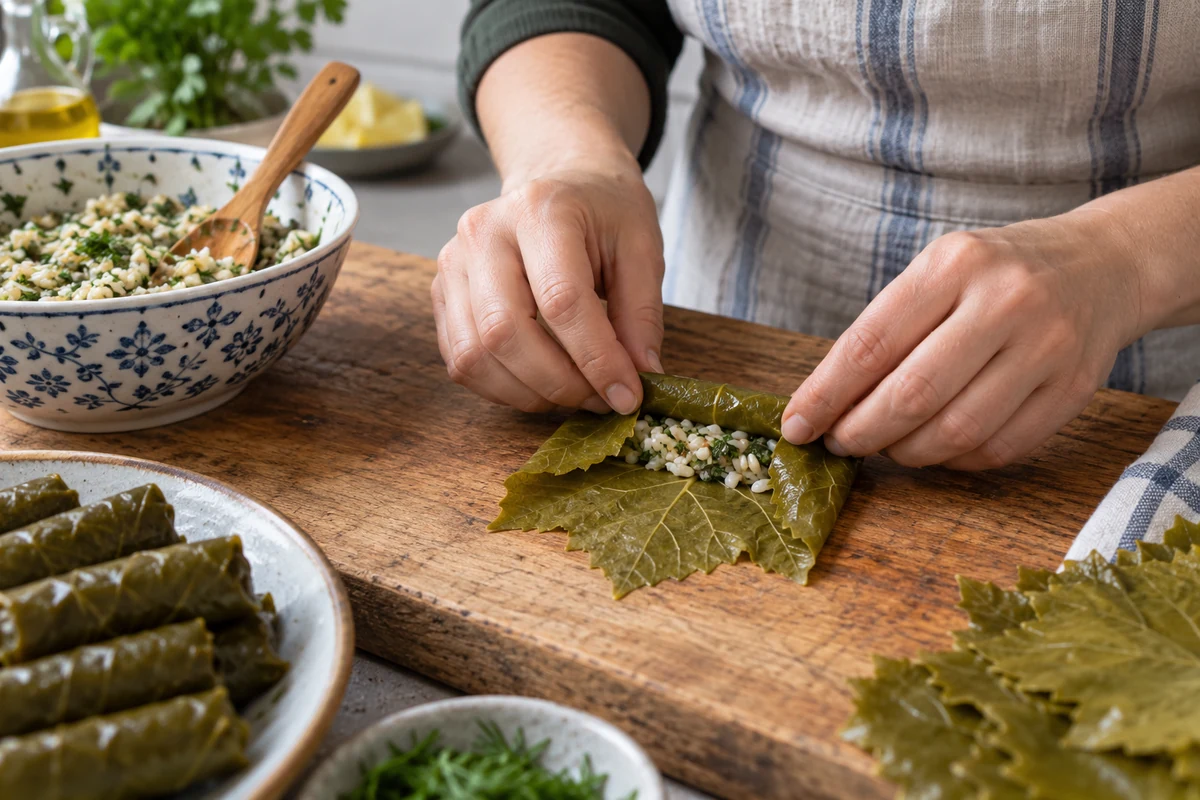 Yaprağın kenarlarını katlayarak sarma hazırlama