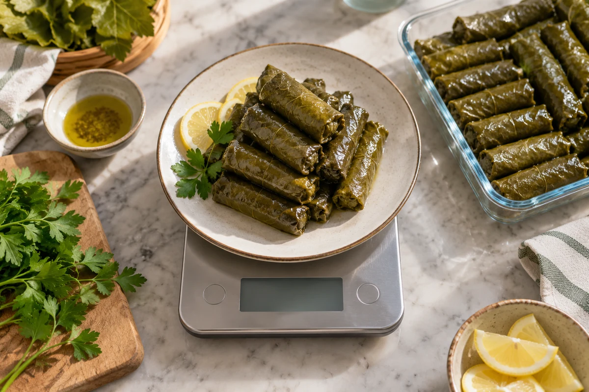 Mutfak terazisinde yaprak sarma porsiyonunun tartılması